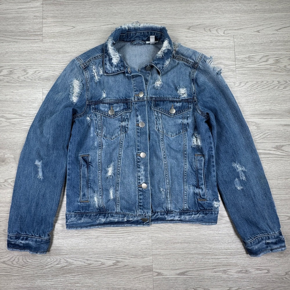 BP Women's Denim Jacket Distressed Trucker Blue Small Cotton‎ Rayon Blend